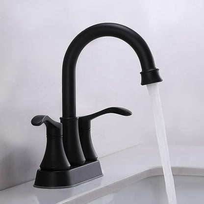 Matte Black Bathroom Sink Faucet, 2-Handle 4 Inch Centerset Lead-Free Modern Commercial, 360° Swivel High-Arc Spout Lavatory Vanity Faucets Set for Sink with Drain & Water Hoses, VALZST050B