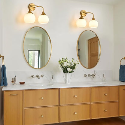 Gold Bathroom Light Fixtures 2-Lights Vanity Lights with Milk White Glass Shade Vanity Lights for Bathroom Modern Bathroom Wall Sconce(Exclude E26 Bulb)