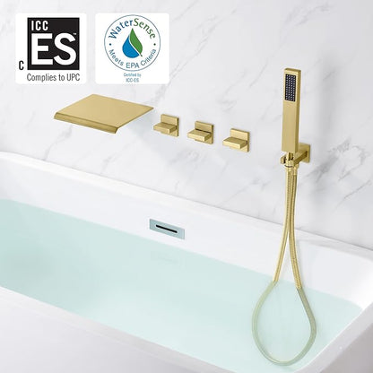 SUMERAIN Wall Mounted Bathtub Faucet with Handheld Shower, Waterfall Tub Faucet Filler Brushed Gold Finish, with Rough in Valve