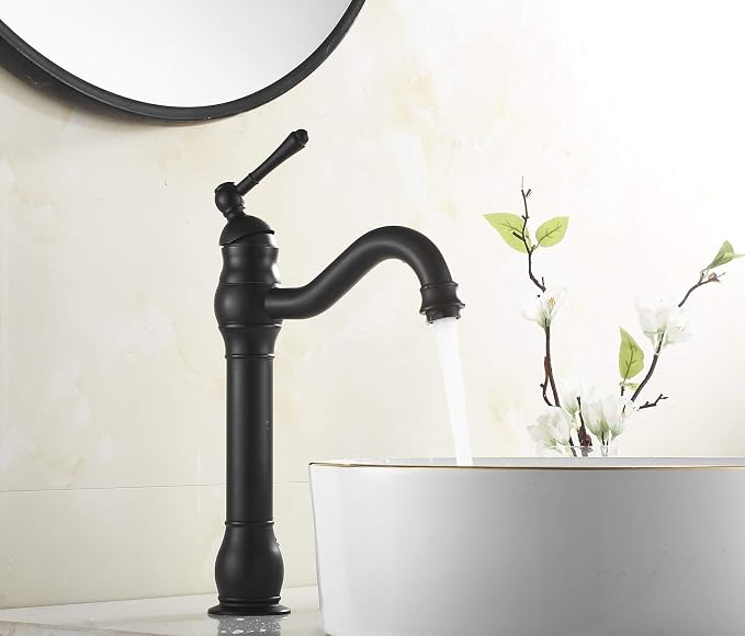 Black Single-Handle One Hole Bathroom Vessel Sink Faucet with Pop Up Drain | Bowl of Sink Deck Mount Lavatoy Basin Tap Tall Body 360° Swivel