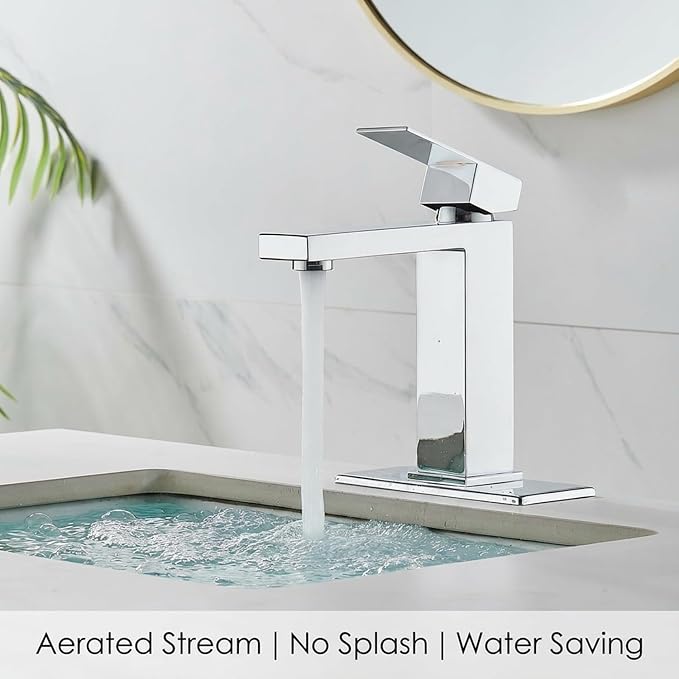 Chrome Bathroom Faucet, Single Hole Vanity Bath Faucet, Single Handle Modern Stainless Steel Bathroom Faucets for Sink 1 Hole with Pop Up Drain Stopper & Water Supply Hoses