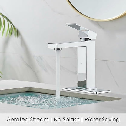 Chrome Bathroom Faucet, Single Hole Vanity Bath Faucet, Single Handle Modern Stainless Steel Bathroom Faucets for Sink 1 Hole with Pop Up Drain Stopper & Water Supply Hoses