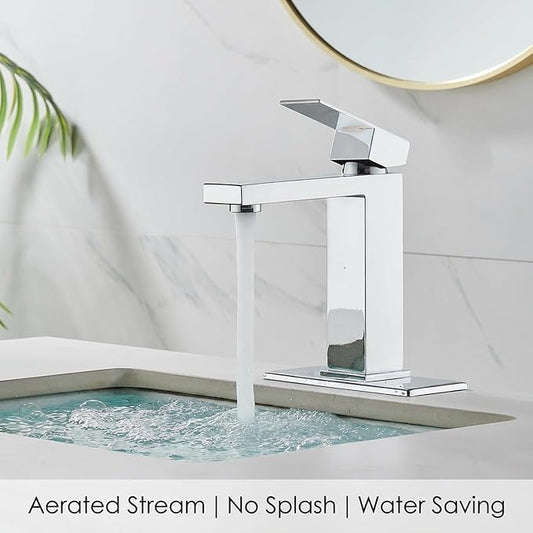 Chrome Bathroom Faucet, Single Hole Vanity Bath Faucet, Single Handle Modern Stainless Steel Bathroom Faucets for Sink 1 Hole with Pop Up Drain Stopper & Water Supply Hoses