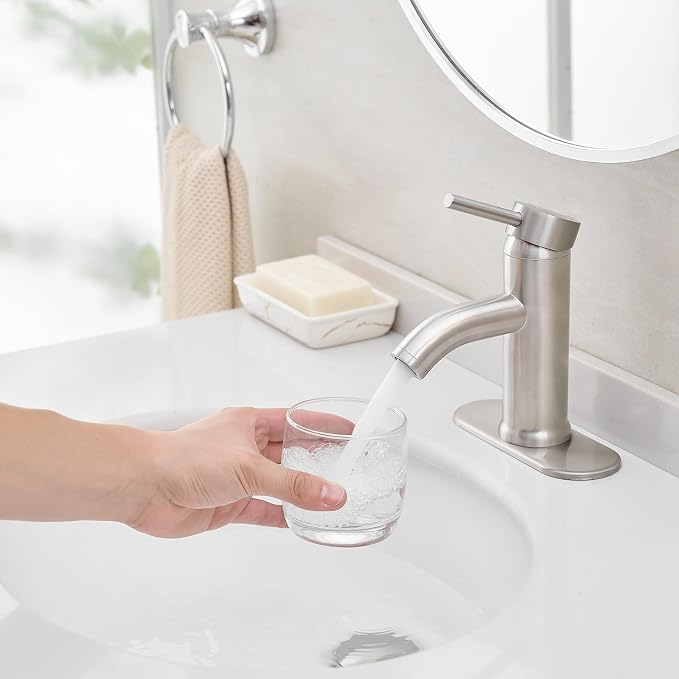 Brushed Nickel Bathroom Faucets Single Hole Bathroom Sink Faucet | Modern Single Handle Bathroom Faucte 1 or 3 Hole, RV Sink Vanity Faucet (with Drain, Brushed Nickel)