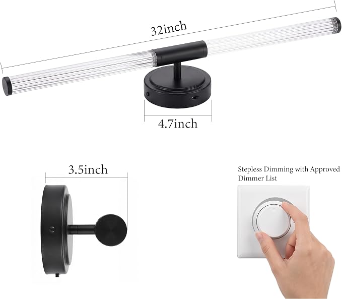 URSOLA 32" Modern LED Bathroom Light Fixtures, Matte Black 3CCT Dimmable Bathroom Vanity Light Over Mirror, Bathroom Vanity Bath Bar Lights with 360° Removable Acrylic Light Tube