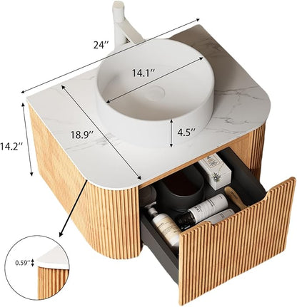 Yayzy 24" Floating Bathroom Vanity with Sink, Solid Wood Fluted Cabinet, White Round Ceramic Basin & Faux Marble Top, Soft-Close Drawer, Pre-Assembled, Natural Woodgrain