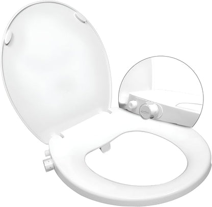 GenieBidet Right Side Bidet Toilet Seat Round - Round Bidet Toilet Seat with Adjustable Self-Cleaning Nozzles, Attachment, T Adapter & Bottle - Non Electric Bidet Seat