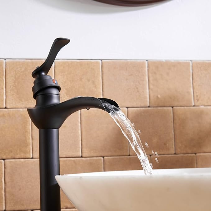 BWE Matte Black Vessel Sink Faucet Waterfall Single Hole Handle with Pop Up Drain Stopper Assembly and Supply Hose Bathroom Faucet Vanity Lavatory Mixer Tap Tall Body