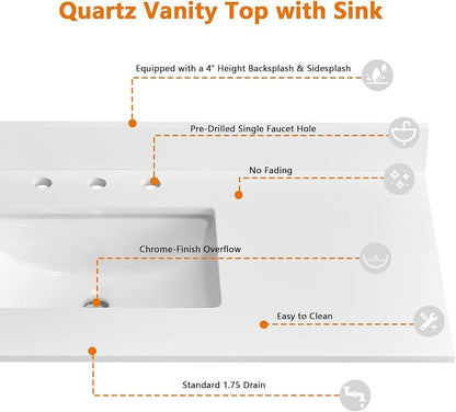 48" x 22" Vanity Top, Quartz Vanity Sink Top in Pure White, with One Sidesplash & One Backsplash, with Undermounted Sink,8 Inch Faucet Hole Spread for Vanity Top with Sink
