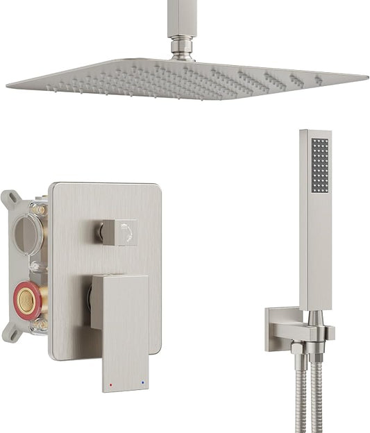Ceiling Mount Shower Faucet Set, Shower System with 10-Inch Rain Showerhead and Handheld Spray Combo, High-Pressure Showerheads Set with Valve and Trim Kit, Brushed Nickel