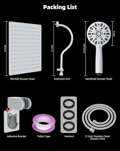 Hibbent All Metal High Pressure Rainfall 10'' Shower Head, Handheld Showerhead Combo, 12'' Adjustable Shower Extension Arm, 7-Spray, 71'' Hose, Adhesive Showerhead Holder, White