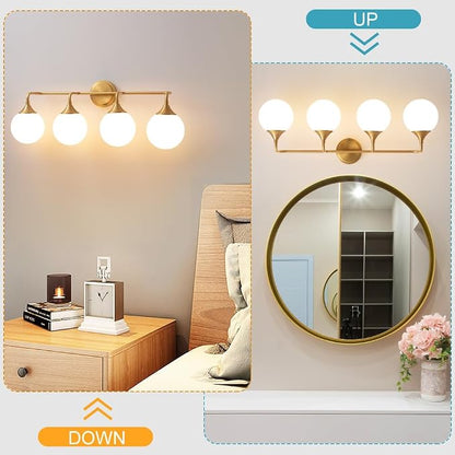 Brushed Gold Bathroom Light Fixtures Over Mirror Vanity 4-Light | Mid Century Modern Brushed Gold Wall Sconce with Milky White Glass Ball Shades for for Bathroom Dressing Table Bedroom