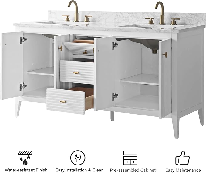 HOMEBEYOND 60" Bathroom Vanity with Double Sink, Solid Wood Bathroom Vanity Free-Standing Cabinet, Ceramic Top & Soft Closing Door, Golden Brushed Handware, White