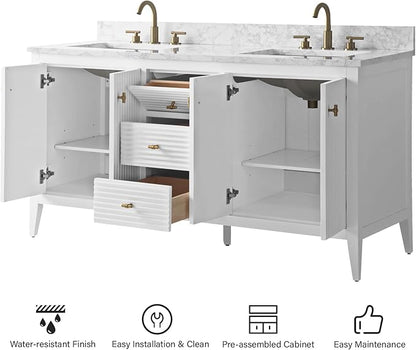 HOMEBEYOND 60" Bathroom Vanity with Double Sink, Solid Wood Bathroom Vanity Free-Standing Cabinet, Ceramic Top & Soft Closing Door, Golden Brushed Handware, White