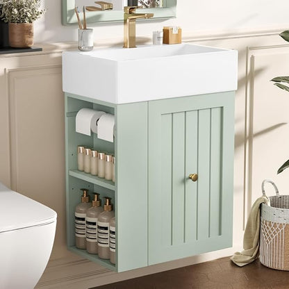 20" Floating Small Bathroom Vanity with Sink, Wall Mounted Vanity for Compact Bathrooms, Space-Saving Narrow Bathroom Vanities with Soft-Close Drawer Open Shelf Towel Bar (Green,20" Floating Drawer)