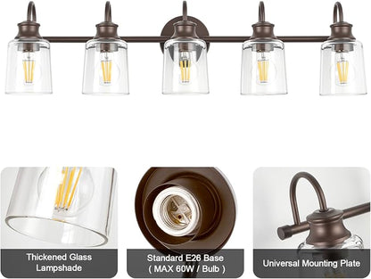 5 Lights Bathroom Light Fixture Oil Rubbed Bronze Vanity Lights | ETL Certificate, Easy to Install,Wall Mount Up or Down,Thickened Glass Lampshade,E26 Socket,Hardwired