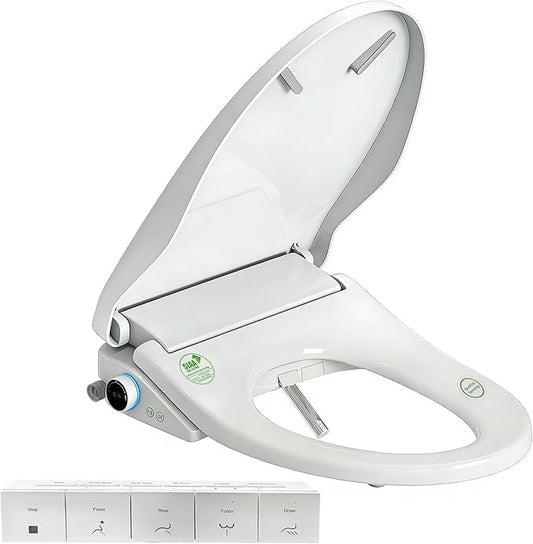 Electric Smart Bidet Toilet Seat with Remote Control, Heated Seat, Instant Warm Water & Air Dryer, Advanced Safety Features, Stainless Steel Nozzle, Slow Close Lid, Silent, Elongated, White