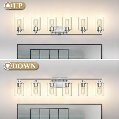 6-Light Bathroom Lighting Fixtures Over Mirror,Brushed Nickel Light Fixture Bathroom,Vanity Light with Clear Glass Shade,Modern Wall Lights for Mirror Bedroom Living Hallway