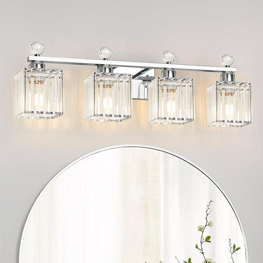 Lxybcce Bathroom Vanity Lights Over Mirror - Easy Installation with Clear Guide, 4-Light Shadow-Free Design, Chrome Crystal Finish - for Modern Home Bathroom Lighting Fixtures in DIY Projects
