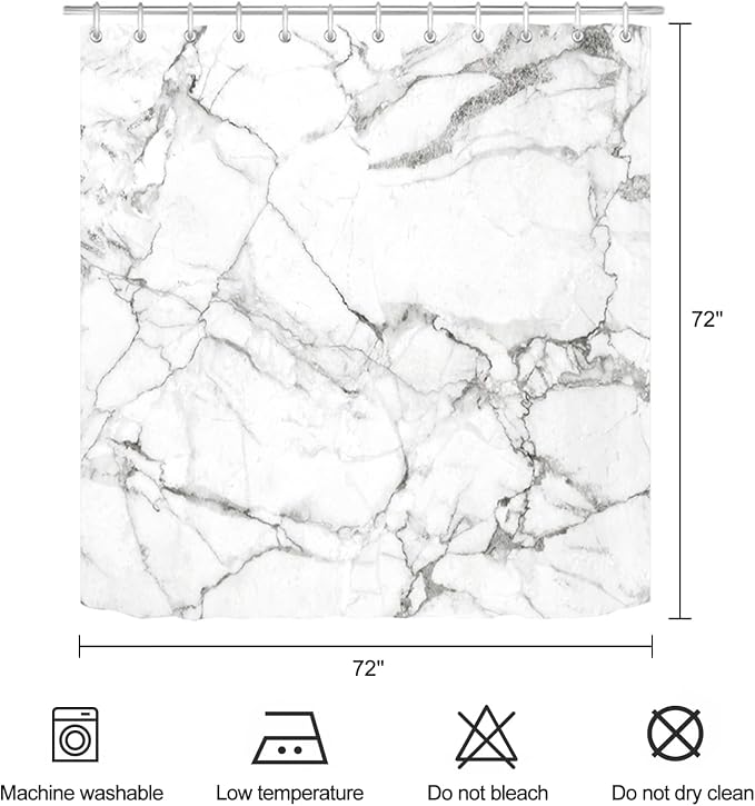 Grey White Marble Shower Curtain Abstract Modern Luxury Gray White Bathroom Curtains Waterproof Polyester Fabric Bath Curtain 72 x 72 Inch with 12 Hooks