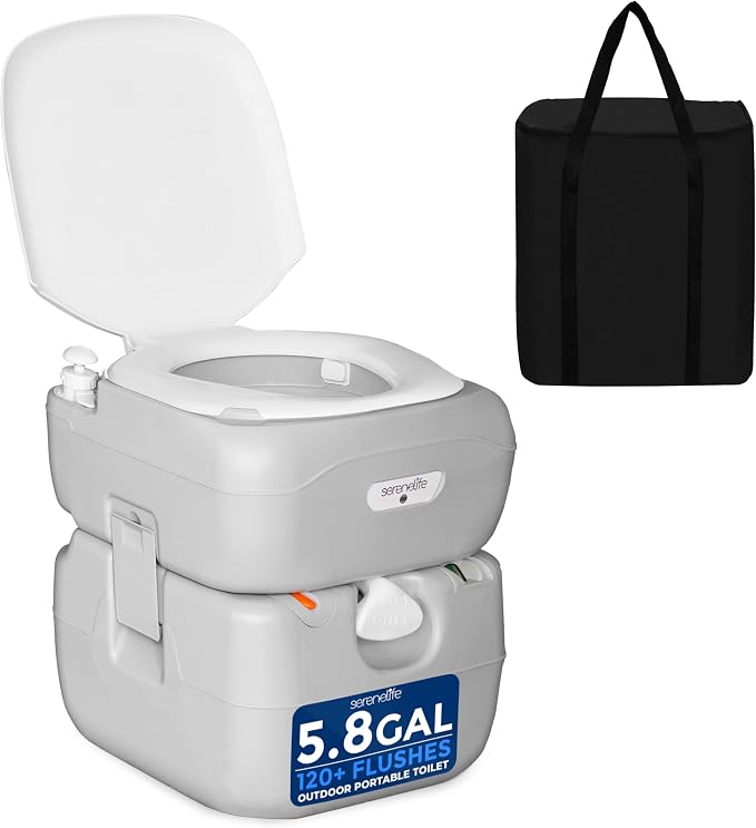 SereneLife 5.8 Gal Portable Camping Toilet with Carry Bag & Level Indicator | Self-Contained 5.8-Gal Waste Tank, Up To 100 Flushes, Leak-Resistant Design And Hand Sprayer For Camping, RVs And Boating
