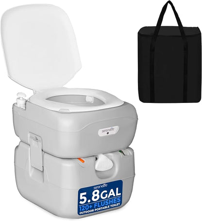 SereneLife 5.8 Gal Portable Camping Toilet with Carry Bag & Level Indicator | Self-Contained 5.8-Gal Waste Tank, Up To 100 Flushes, Leak-Resistant Design And Hand Sprayer For Camping, RVs And Boating
