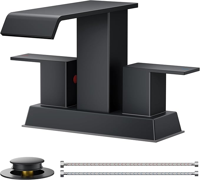 FORIOUS Square Waterfall Matte Black Bathroom Faucets 3 or 2 Hole for 4 Inch Centerset Sink with Metal Pop Up Drain and Hose, Double Handle Operation, Suitable for Vanity RV Restroom Remodel