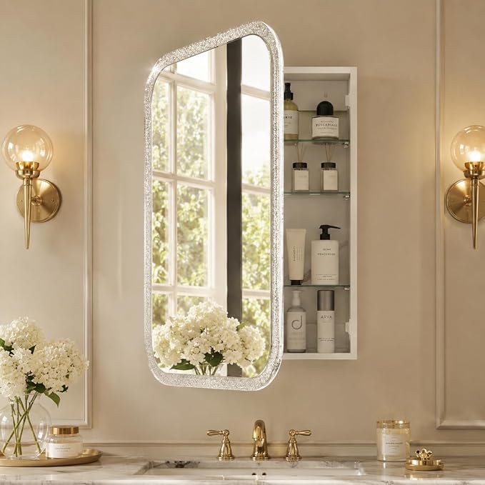 FKWin Luxury Medicine Cabinet Mirror for Bathrooms or Apartment, Wall Mount | Crystal Embossed Acrylic Frame Medicine Cabinets for Bathroom, Easy Install, Adjustable Shelves, Reversible Door, 24x32 inch