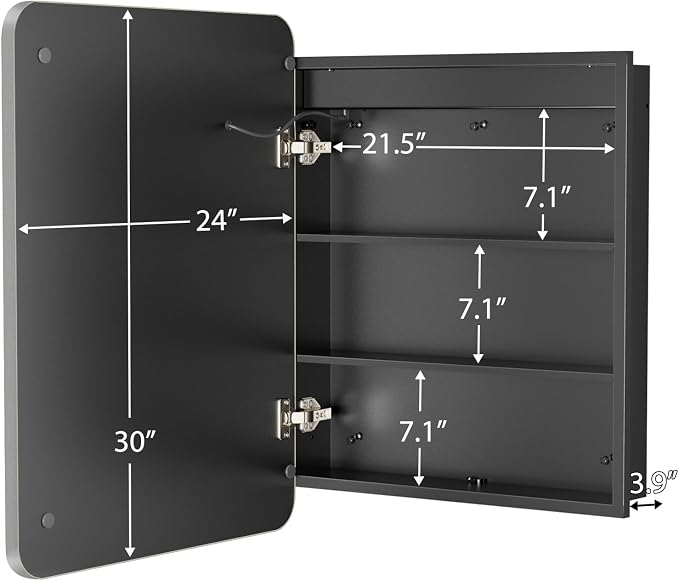 ROOMTEC 24 x 30 Inch Medicine Cabinet Mirror with LED Lights, Silver Bathroom Medicine Cabinet with Mirror and Storage, Recessed or Wall Mount, 3 Color Temperature, Dimmable Light