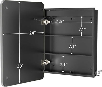ROOMTEC 24 x 30 Inch Medicine Cabinet Mirror with LED Lights, Silver Bathroom Medicine Cabinet with Mirror and Storage, Recessed or Wall Mount, 3 Color Temperature, Dimmable Light