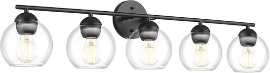 Emak 37 Inch Black Bathroom Light Fixtures Over Mirror, Modern 5-Light Vanity Lights with Clear Glass Shade, Farmhouse Globe Vanity Light for Bathroom, VL114-BK-CG-5