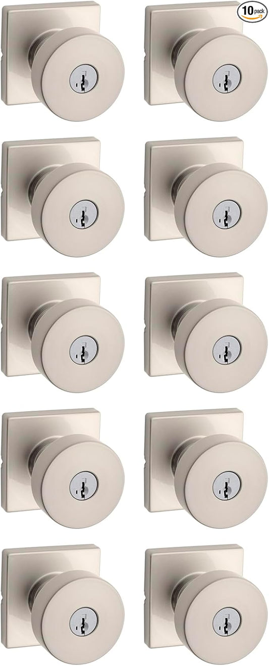 Kwikset Pismo Entry Door Knob with Lock and Key, Secure Keyed Handle Exterior, Front Entrance and Bedroom, Satin Nickel, 10 Pack, Pick Resistant SmartKey Rekey Security and Microban