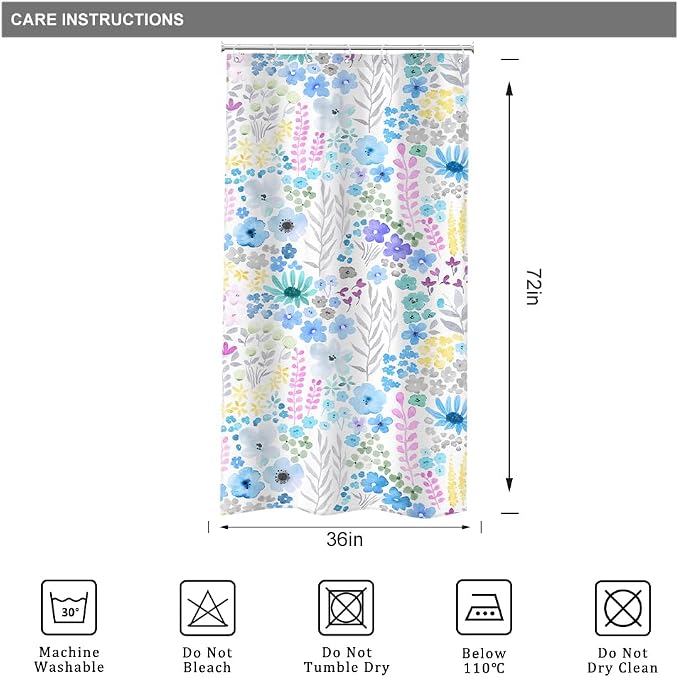Small Stall Blue Floral Boho Wildflower Plant Bathroom Shower Curtain Set | 36"W x 72"H Watercolor Leaves; waterproof HD print, quick-dry fabric with 12 hooks for easy hanging.