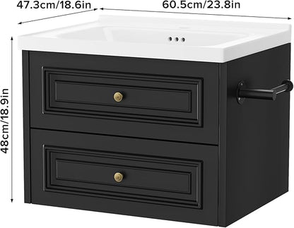 24" Bathroom Vanity with Sink, Floating Bathroom Vanity with with Marble Ceramic Basin Top and 2 Storage Drawers, Modern Storage Cabinet for Small Space, Black