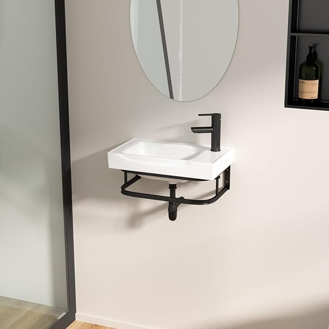 Logmey 19 Inch Wall Mount Bathroom Sink 19-1/2"x11" Rectangule Floating Sink White Porcelain Ceramic Wall Mounted Vessel Sink Wash Hand Basin with Bracket