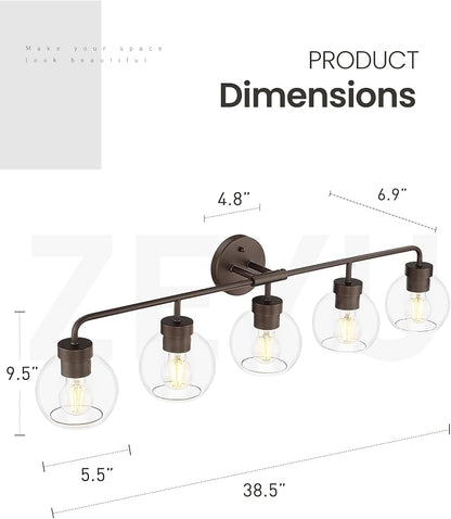 zeyu 5-Light Globe Bathroom Vanity Light, Oil Rubbed Bronze, ZS62BG-5W ORB | Large Bathroom Vanity Light, 38.5-Inch 5-Light Design, Clear Globe Glass, Oil Rubbed Bronze, Up/Down Mount, ETL Listed