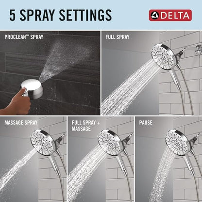 Delta 5-Setting In2ition 2-in-1 Dual Shower Head with Handheld High Pressure ProClean Spray, Chrome Detachable Shower Head with Hose, 1.75 GPM Flow Rate, Chrome 75548