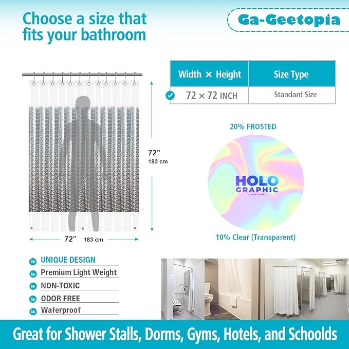 Ga-Geetopia Holographic 3D EVA Shower Curtain Liner Wave, 72x72 Premium Medium Weight Clear Plastic Bathroom Shower Curtain with Rustproof Metal Grommets for Shower Stall, Bathtubs