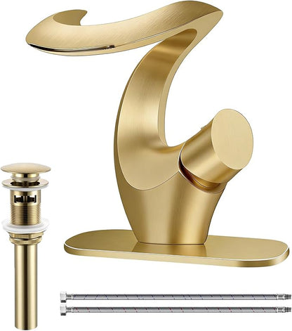 Elegant Alien Brushed Gold Bathroom Sink Faucet Single Hole,AUU Waterfall Vanity Sink Faucet Solid Brass,Single Handle Basin Tap with Pop Up Drian&Deck Plate