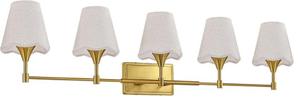 Gold Bathroom Vanity Light Fixtures: Brushed Gold Vanity Lights Over Mirror with Flared Fabric Shade, Modern Bathroom Lighting Fixtures, 5 Light Wall Sconces Lights for Bedroom Hallway Living Room