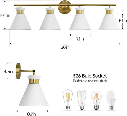 WOSHITU Bathroom Vanity Light Fixtures: 4 Bulb Mid Century Modern Vanity Lights for Bathroom, Brass Gold Wall Sconce Lighting with Frosted Milky Glass for Over Mirror Bath