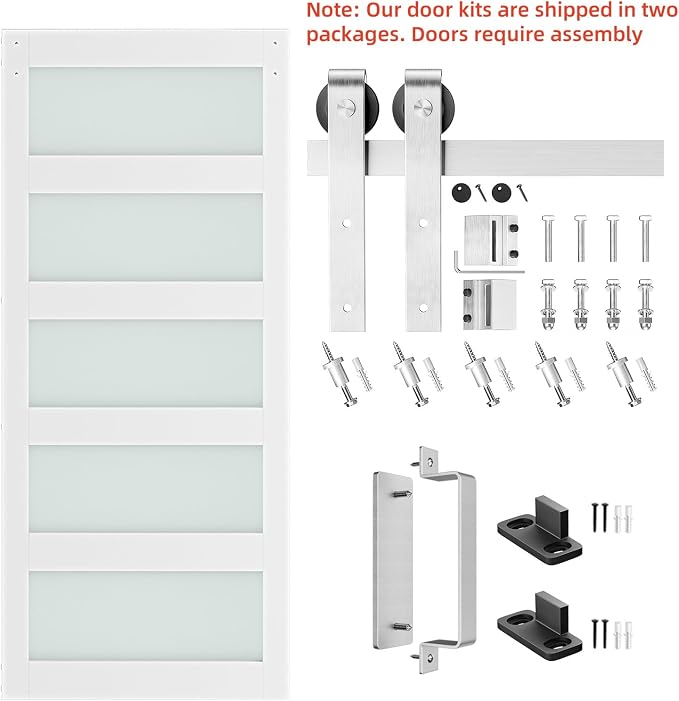SMARTSTANDARD 34 x 84 in Glass Barn Door with 6FT Silver Sliding Hardware | Brushed Nickel Sliding Hardware Kit & Handle, Pre-Drilled Ready to Assemble, Waterproof PVC Coating, White, 5-Panel Glass