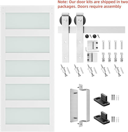 SMARTSTANDARD 34 x 84 in Glass Barn Door with 6FT Silver Sliding Hardware | Brushed Nickel Sliding Hardware Kit & Handle, Pre-Drilled Ready to Assemble, Waterproof PVC Coating, White, 5-Panel Glass
