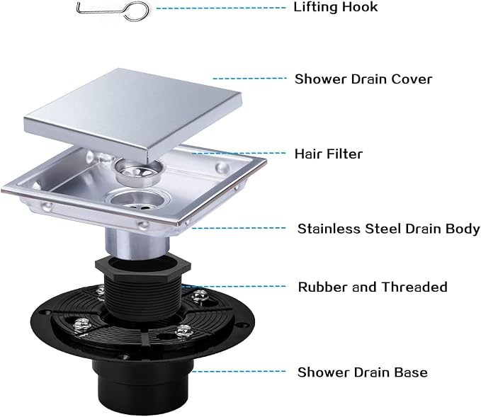 Square Shower Drain Silver 6 inch with 2 in 1 Tile-Insert Cover | AISI 304 Stainless Steel Brushed Shower Floor Drain with Removable Hair Catcher and Flange Fits Bathroom Balcony Kitchen