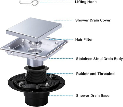 Square Shower Drain Silver 6 inch with 2 in 1 Tile-Insert Cover | AISI 304 Stainless Steel Brushed Shower Floor Drain with Removable Hair Catcher and Flange Fits Bathroom Balcony Kitchen