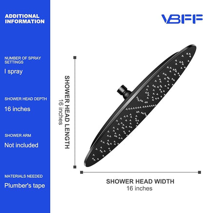 VBFF-Shower Head,rain shower head, 16 inch- Round Shower Head, 1.8 GPM Flow Rate, rainfall showerhead,VBFF14 (Matte Black)