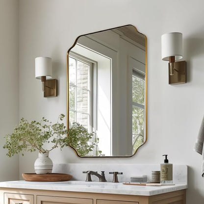22X30 Inch Brushed Gold Scalloped Mirrors for Bathroom Sink | Rust-Proof Stainless Steel Frame, Aesthetic Notched Corner Design, Electronic Display Grade Glass, Ideal for Bathroom Remodel