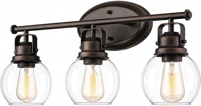 3-Light Farmhouse Bathroom Vanity Light Over Mirror | Oil Rubbed Bronze Vanity Lighting Fixture with Globe Clear Glass, Metal Frame, Wall Mounted, AD-2148-3W