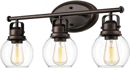 3-Light Farmhouse Bathroom Vanity Light Over Mirror | Oil Rubbed Bronze Vanity Lighting Fixture with Globe Clear Glass, Metal Frame, Wall Mounted, AD-2148-3W