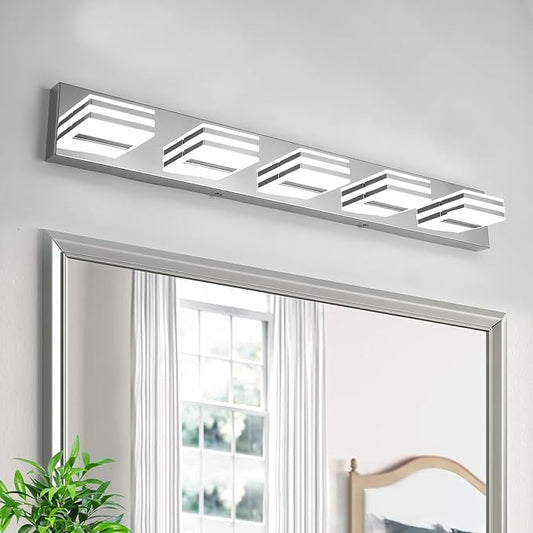 LED Vanity Lighting 30W Lights for Mirror 5 Light Bath Wall Lamps 34 Inch Bathroom Sink Lights over Vanity Modern Long Bath Lights Bars Chrome Wall Sconces Light for Bathroom Restroom 6000K